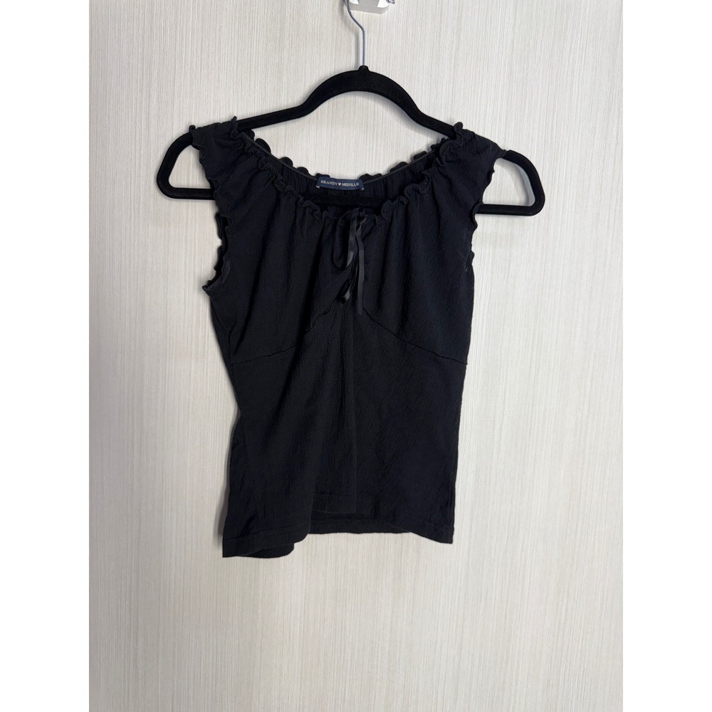 Brandy Melville Black Ruffle Neck Ribbon Tie Sleeveless Top MH506A-Z368 One Size